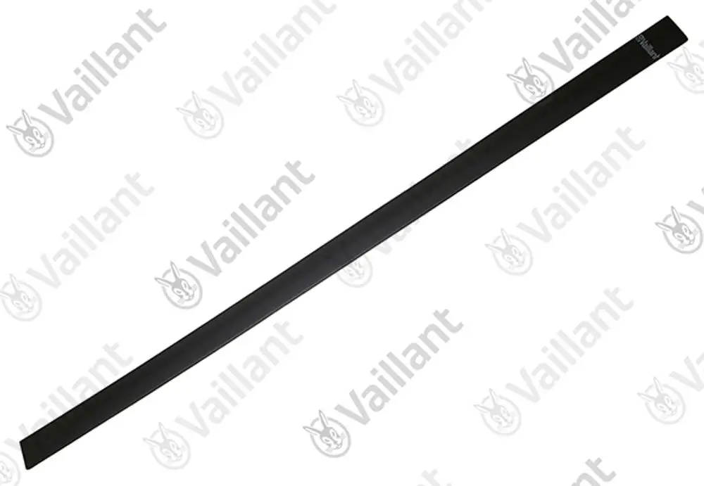 Lange, schwarze Abdeckung von Vaillant, schlichtes Design, auf einem weißen Hintergrund. Die Abdeckung hat eine gerade Form ohne erkennbare Markierungen oder Details.